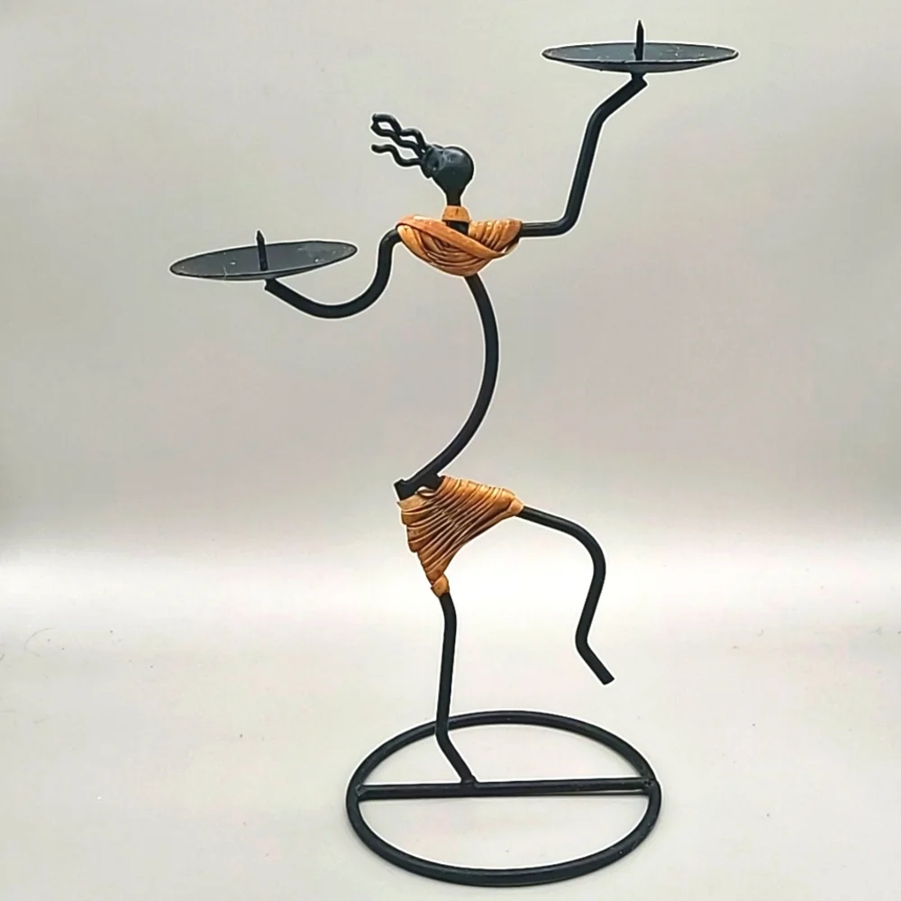 Tribal Black & Wicker Metal Figurine Candleholder
